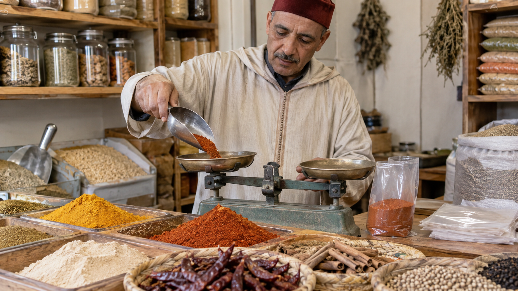صاحب محل مغربي يزن كمية صغيرة من التوابل داخل متجره