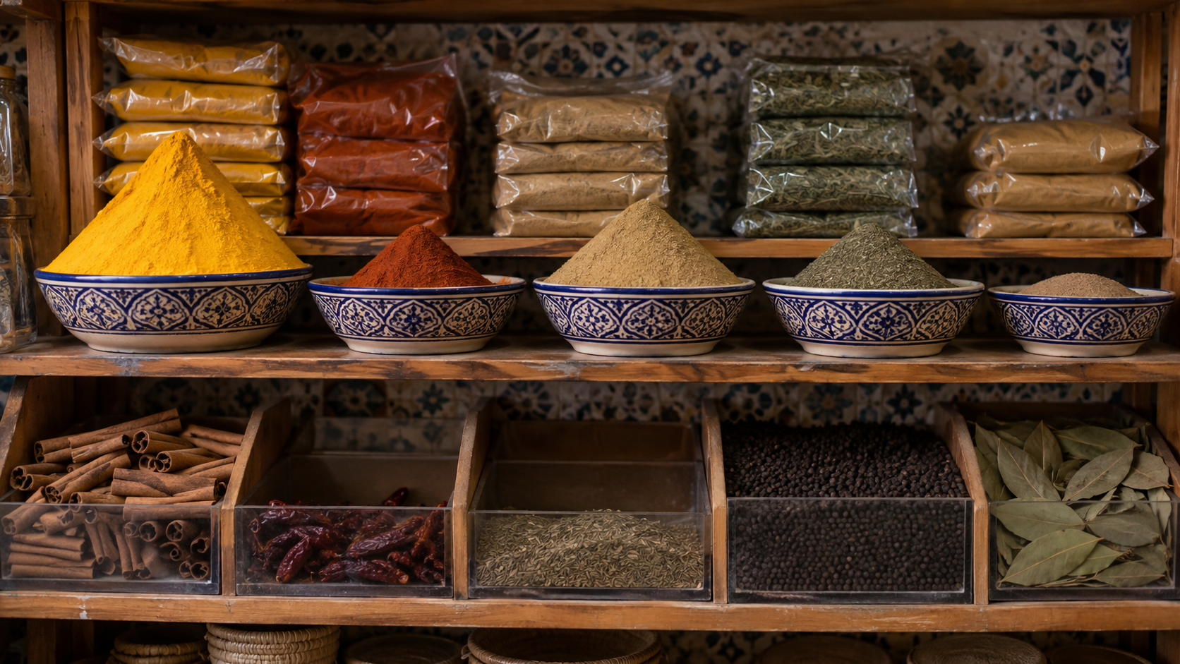 رف توابل داخل محل مغربي يوضح اختلاف سرعة دوران الأصناف