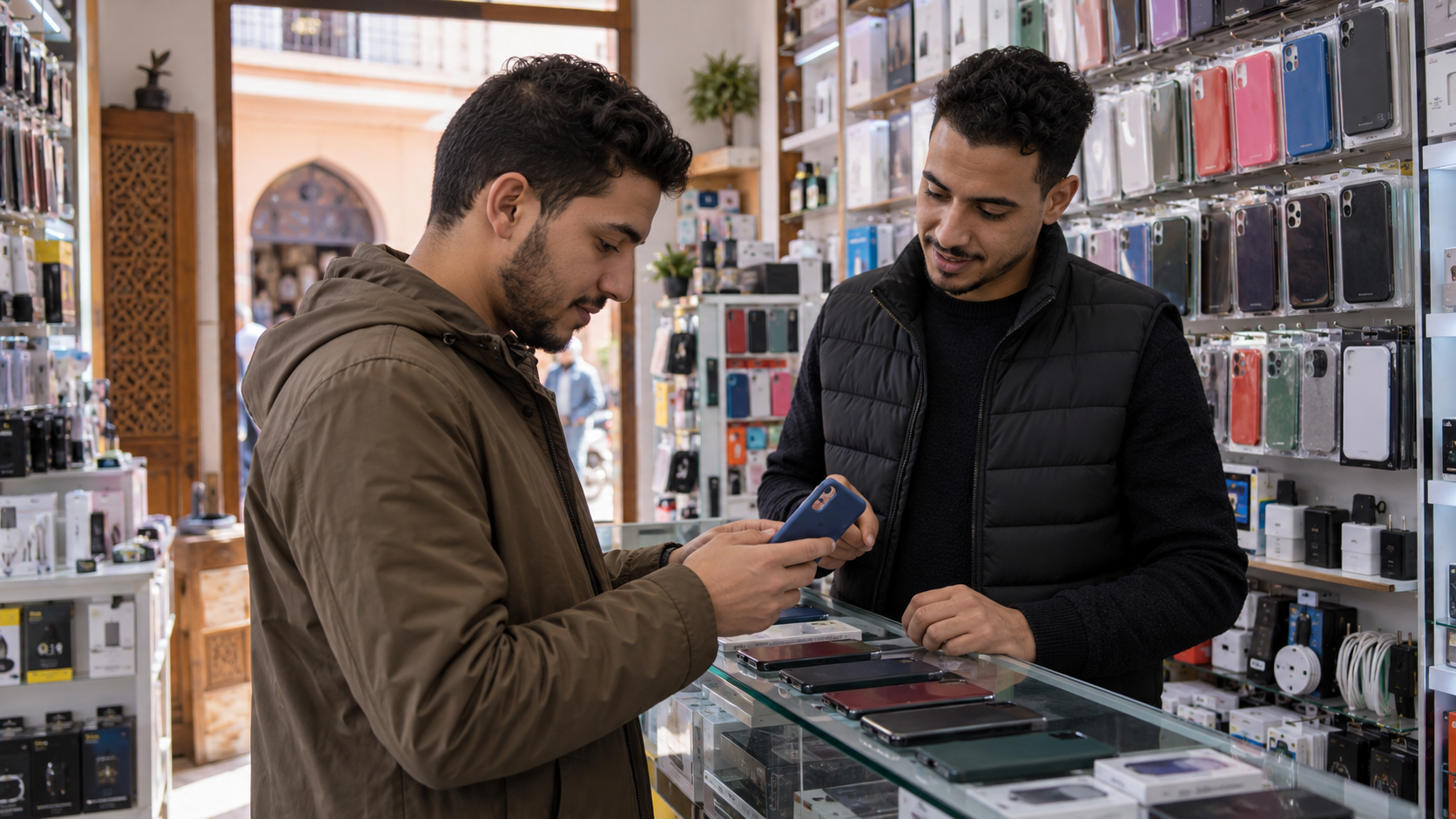 فحص جودة شاحن هاتف قبل عرضه للبيع في محل لوازم الهاتف