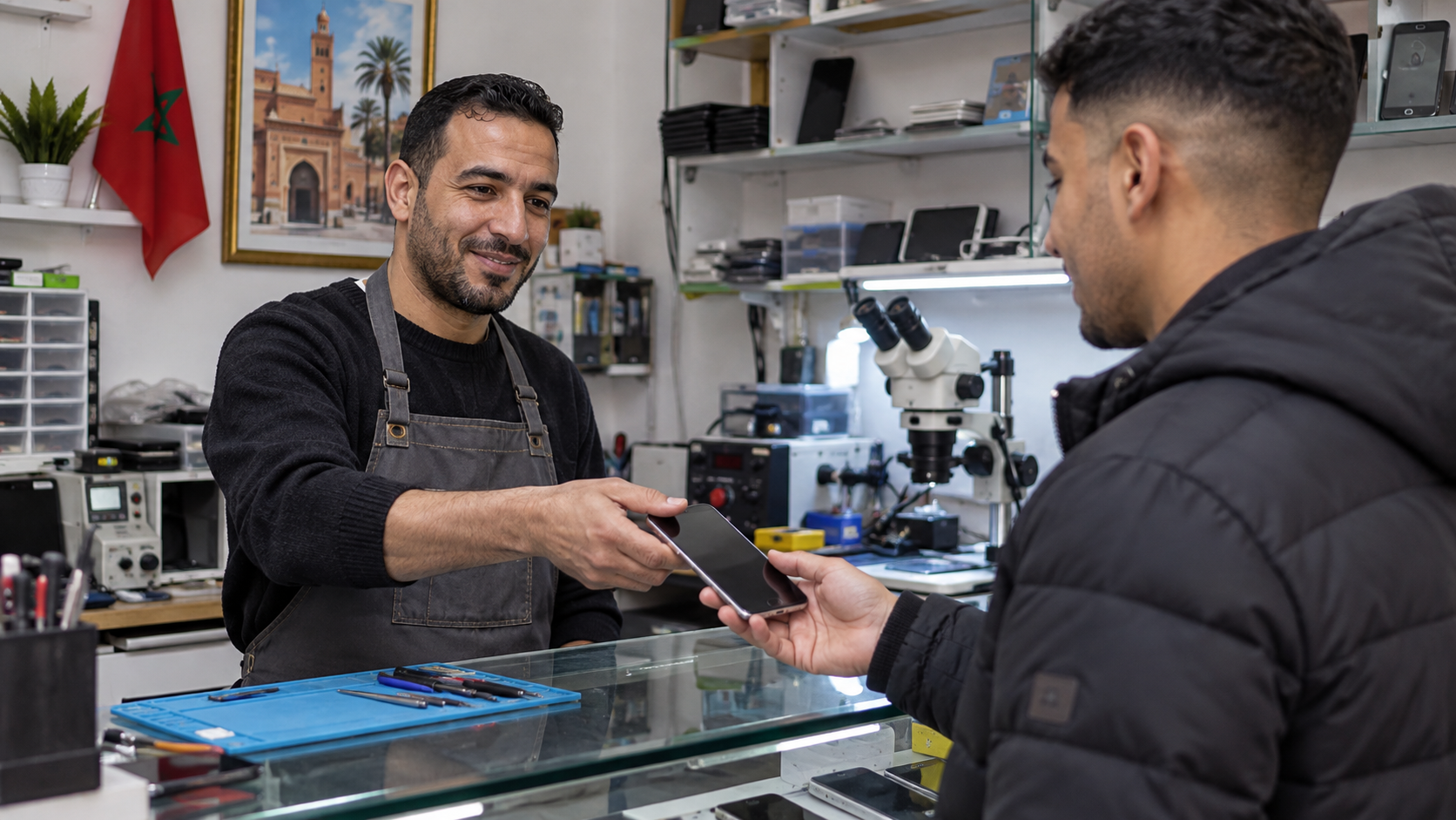 أدوات إصلاح الهواتف وقطع صغيرة مرتبة على سطح عمل نظيف