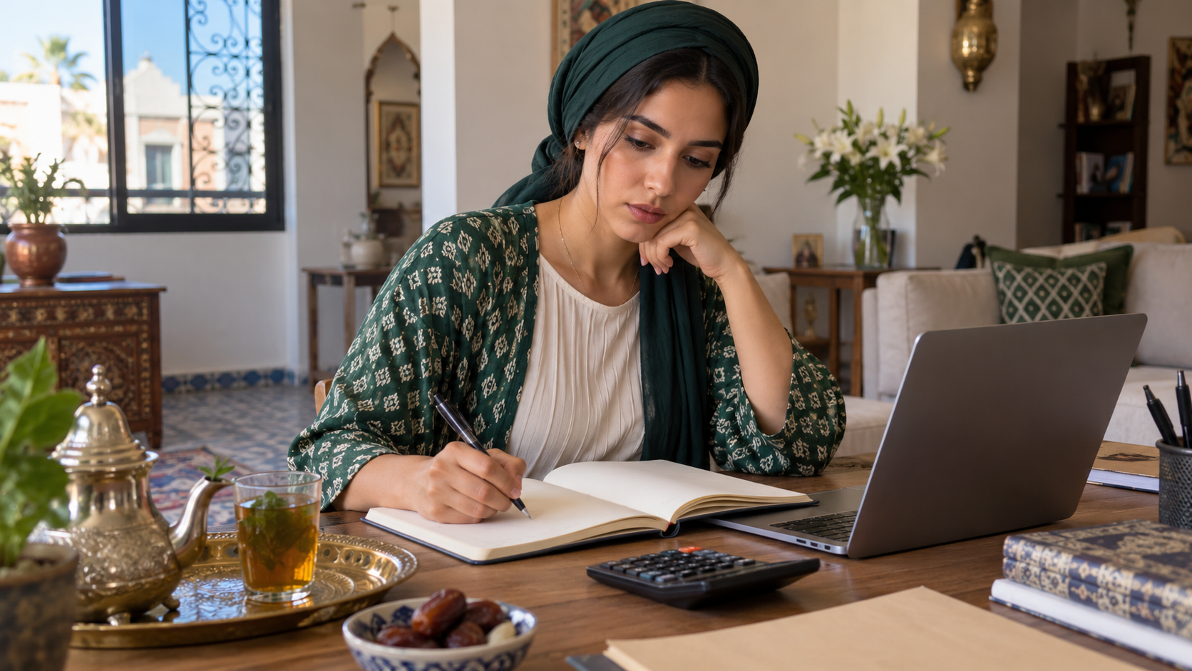 شابة مغربية تكتب خطة مشروع في دفتر قرب حاسوب وآلة حاسبة