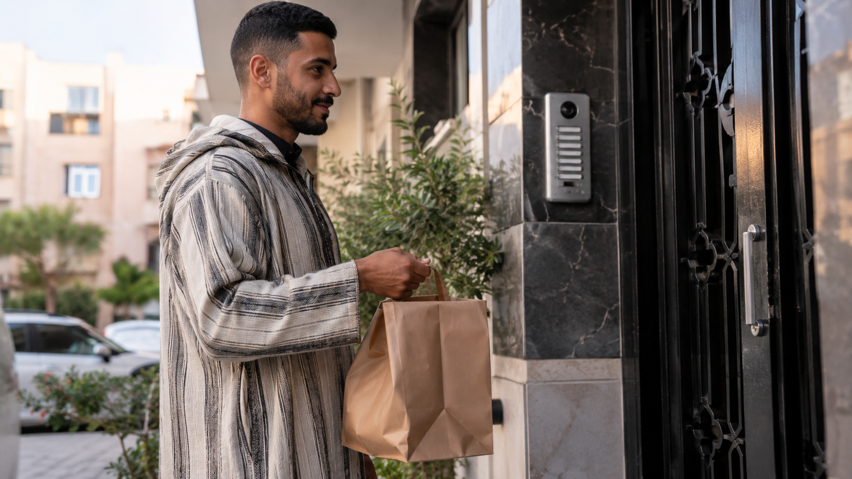 شخص مغربي يحمل كيس طلبات طعام منزلي عند مدخل بناية سكنية