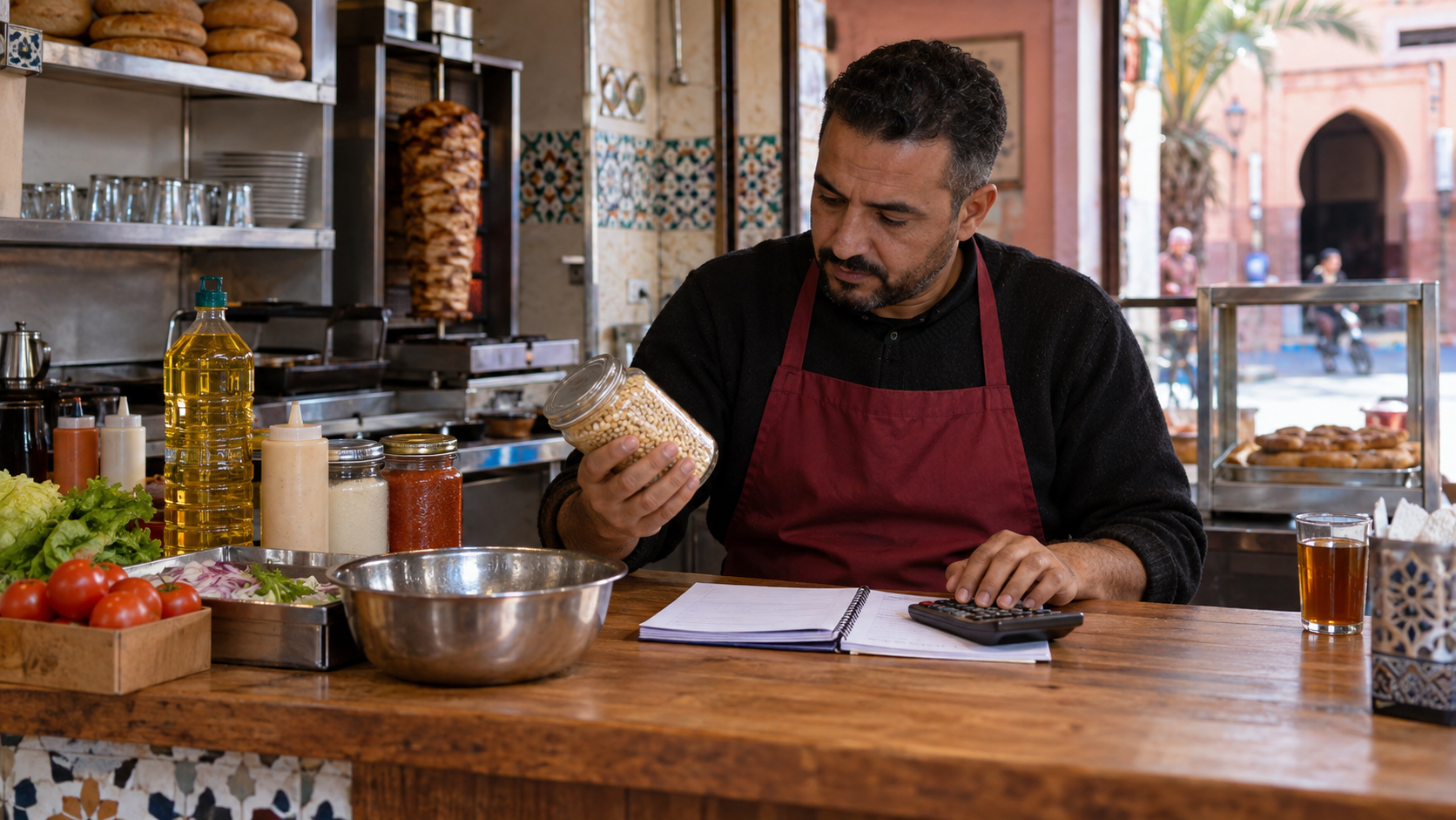 صاحب مشروع يراجع مكونات وتجهيزات سناك قرب دفتر وآلة حاسبة