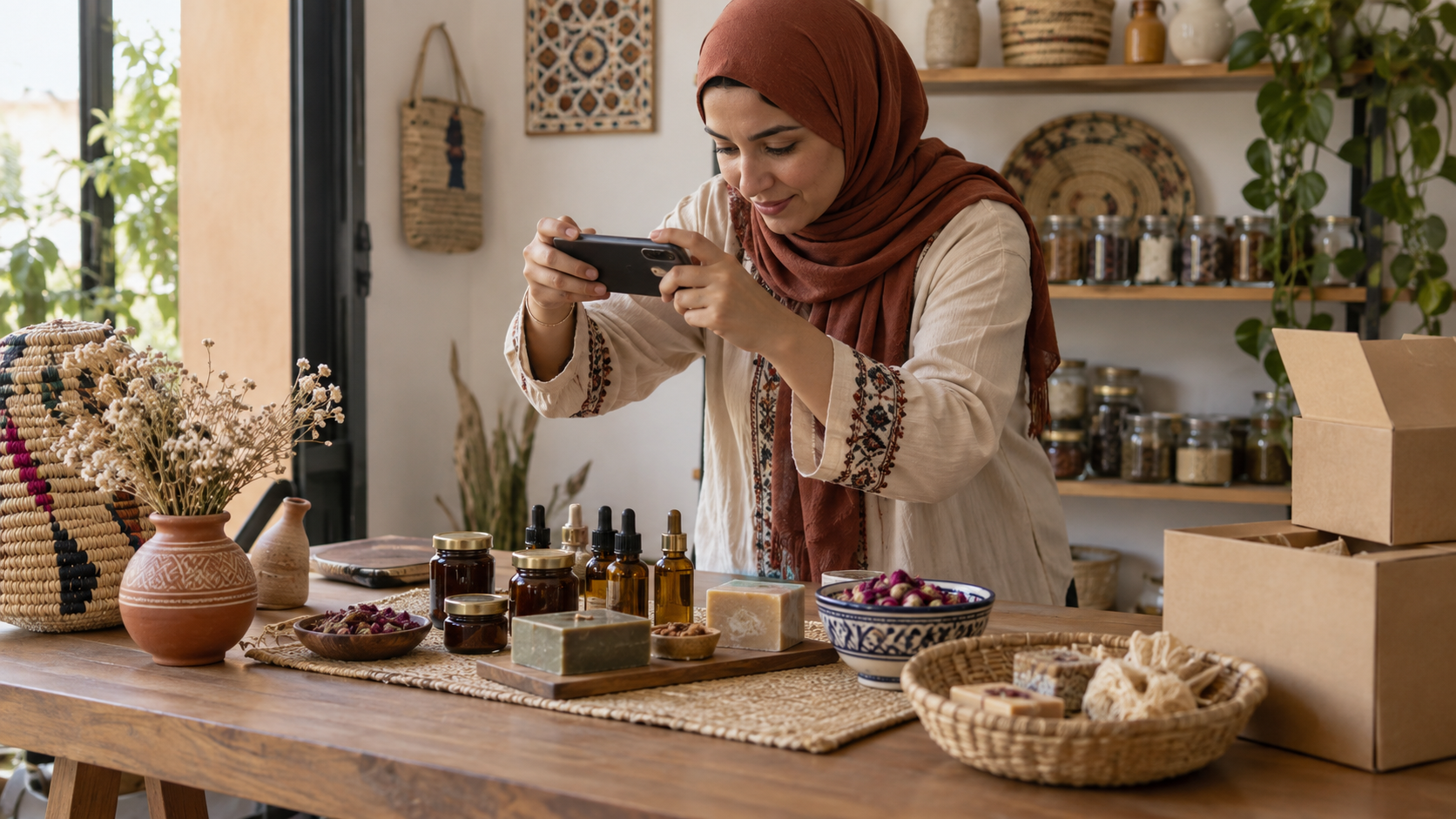 منتجات محلية مغربية مرتبة للتصوير والبيع عبر الهاتف من المنزل