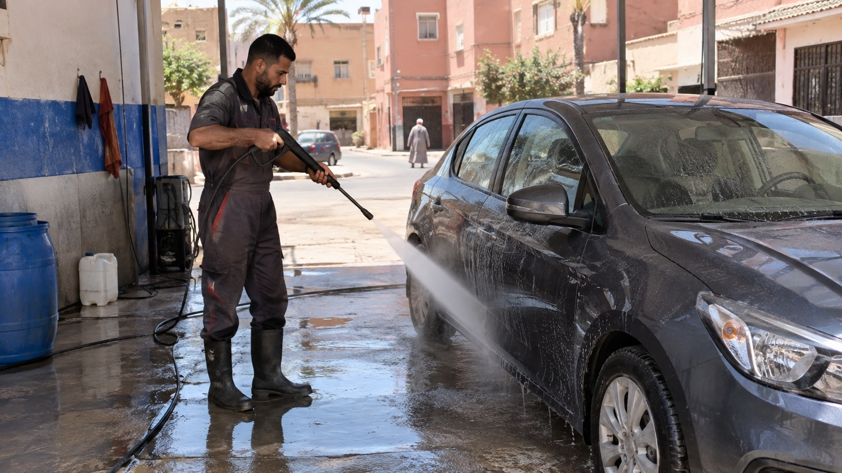 عامل مغربي يغسل سيارة بجهاز ضغط ماء داخل لافاج صغير في حي مغربي