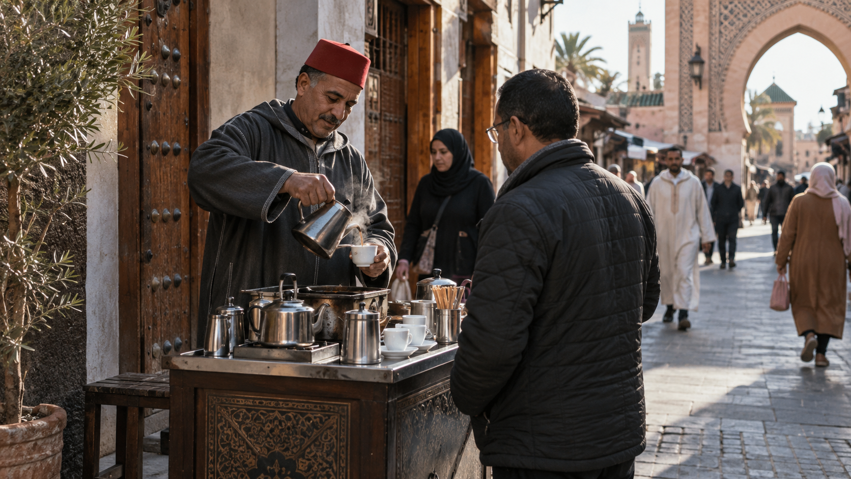 عربة قهوة صغيرة في شارع مغربي وصاحبها يحضر طلبًا لزبون