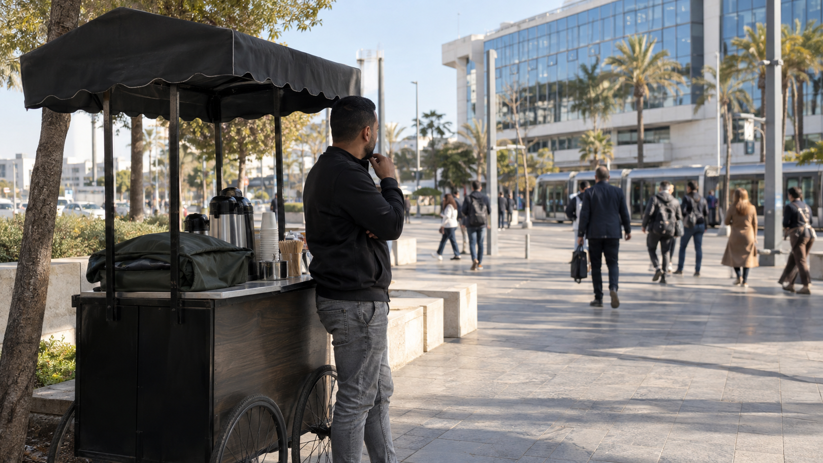 صاحب عربة قهوة يراقب حركة الناس لاختيار موقع مناسب للمشروع