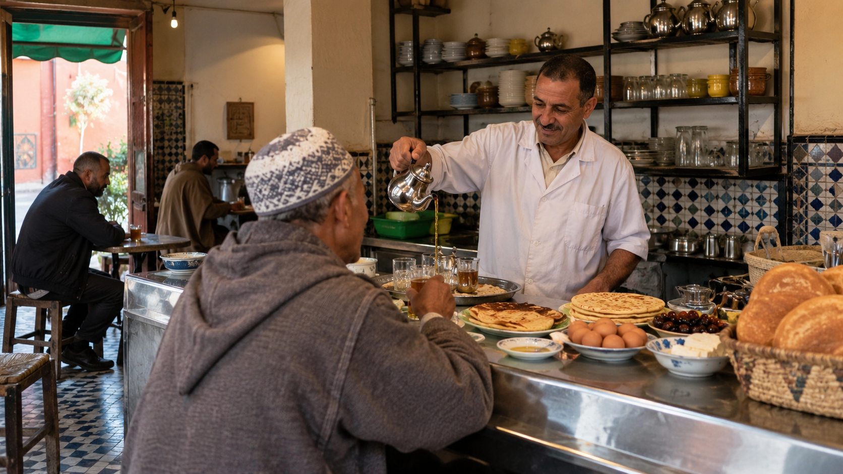 بائع فطور صباحي مغربي داخل محل صغير ونظيف أثناء خدمة الزبائن