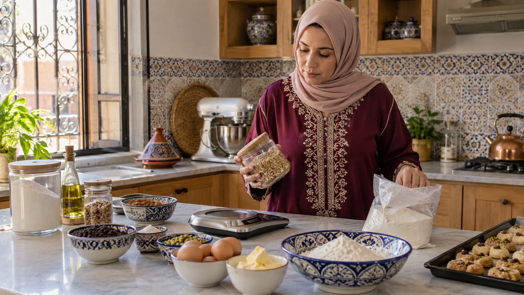 امرأة مغربية تراجع مكونات الحلويات المتبقية بعد تجهيز الطلبات